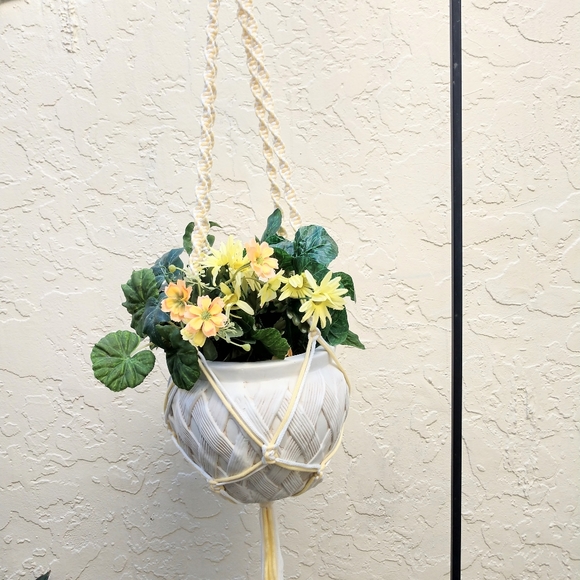 Hand Crafted Macrame Plant Hanger Yellow White Boho Terrarium Necessities - Picture 6 of 16